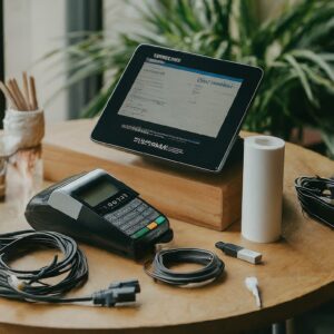 a Razor POS system, TM30 printer, power cords, USB cables, cash drawer cable, and a paper roll for the printer