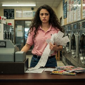 Woman overwhelmed with handwritten laundry order tickets