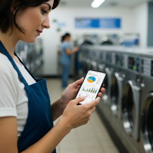 Laundromat Owner reviewing information on a smartphone