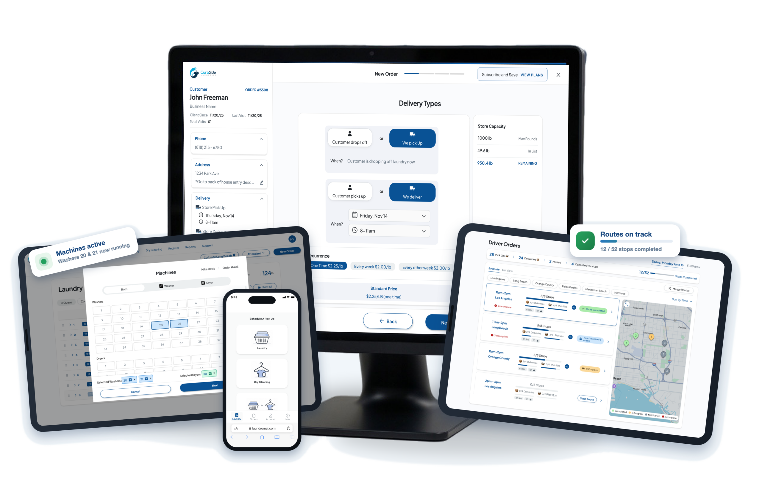 Curbside laundry management software showing pickup and delivery scheduling and route tracking on desktop, tablet, and phone.