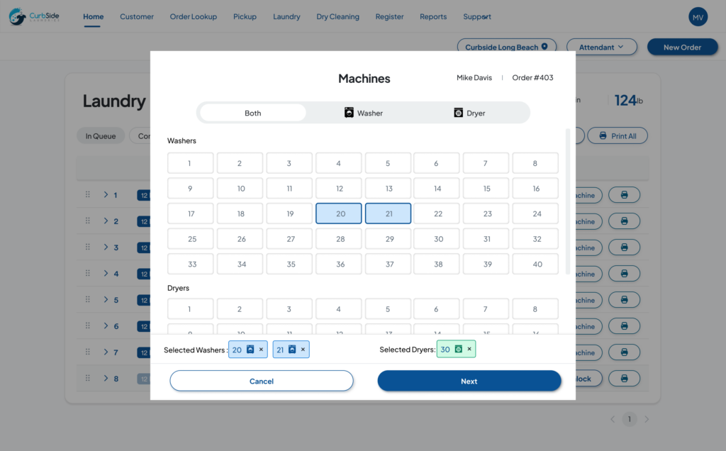 Curbside wash and fold POS software machine selection screen showing washer and dryer assignment for an order
